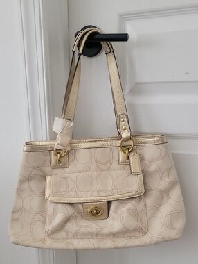 Coach Cream Signature Canvas Shoulder Bag with Metallic Gold Trim